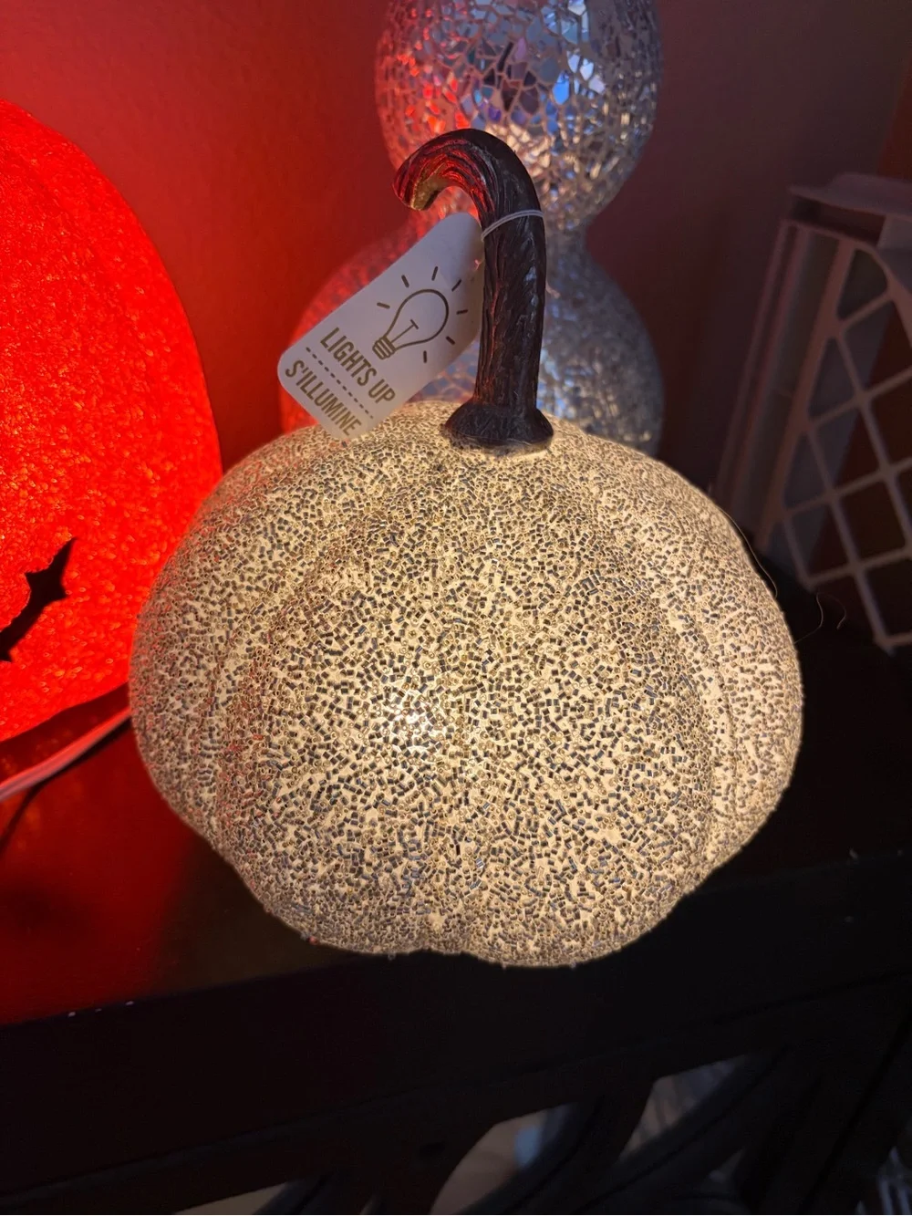 3 Vintage Side Seasons Popcorn Light up Pumpkins and 1 Silver Pumpkin